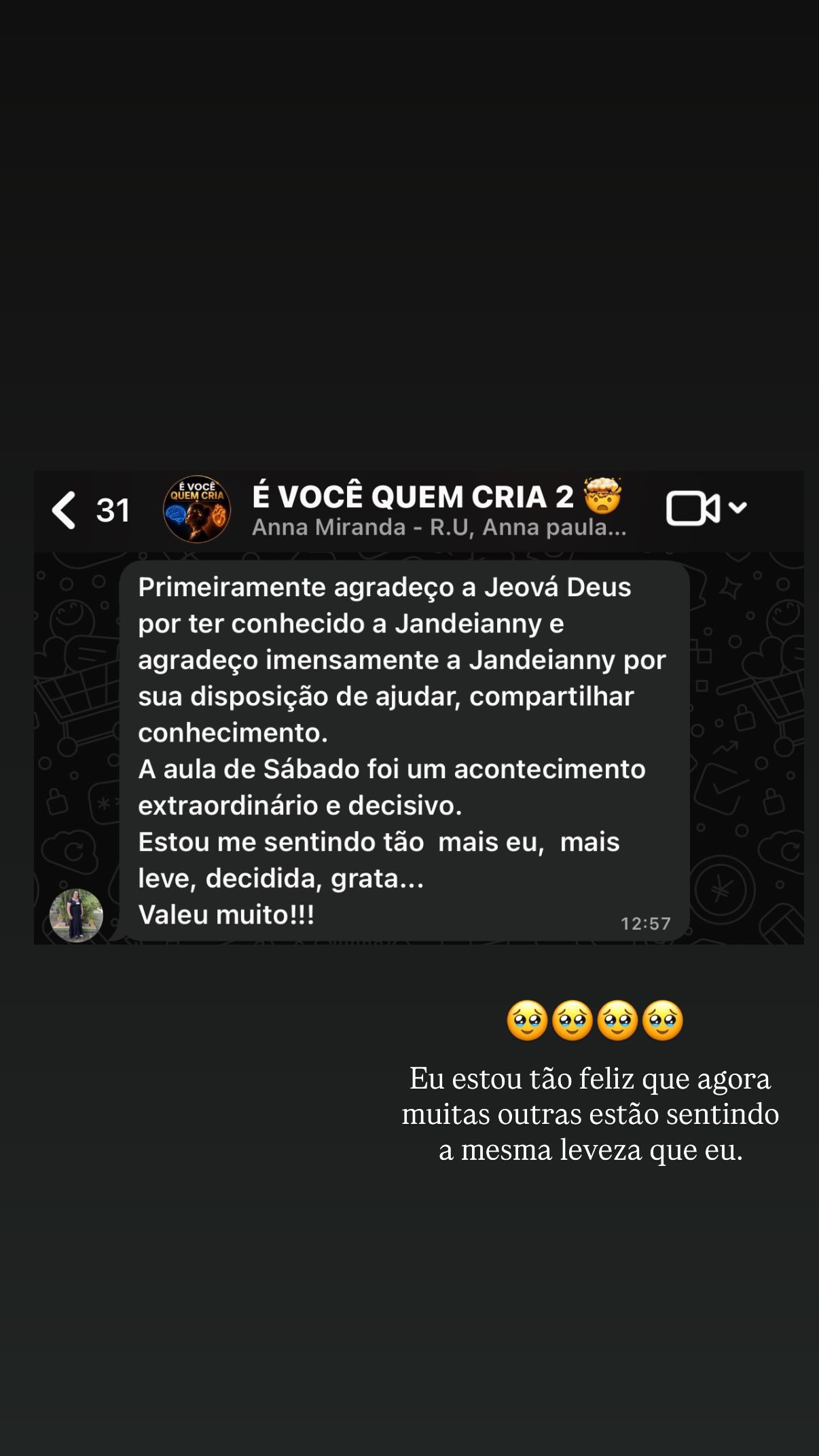 Depoimento de aluna 3 do Método É Você Quem Cria